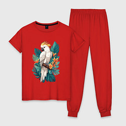 Пижама хлопковая женская Попугай какаду и тропические листья, цвет: красный