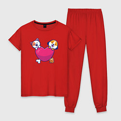 Пижама хлопковая женская Котик и пёсик, цвет: красный