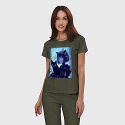 Пижама хлопковая женская Девчонка кошка с котёнком - нейросеть, цвет: меланж-хаки — фото 2