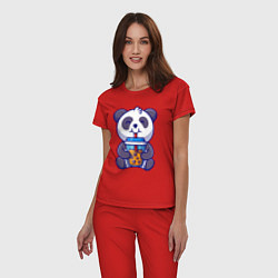 Пижама хлопковая женская Drinking panda, цвет: красный — фото 2
