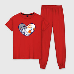 Пижама хлопковая женская Котики в сердечке, цвет: красный