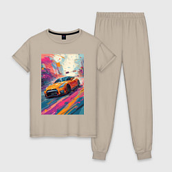 Пижама хлопковая женская Nissan GT-R дрифт в городе, цвет: миндальный