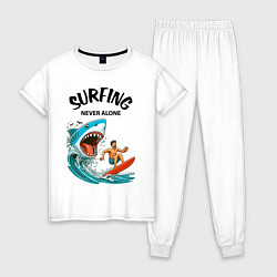 Пижама хлопковая женская Shark and surfer - never alone, цвет: белый