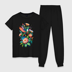 Пижама хлопковая женская Колибри среди цветов, цвет: черный