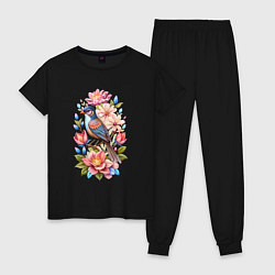 Пижама хлопковая женская Птица Калипта Анны среди цветов, цвет: черный