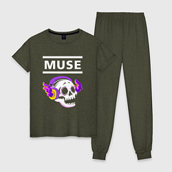 Пижама хлопковая женская Muse - неоновый череп, цвет: меланж-хаки