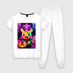 Пижама хлопковая женская Зомби Пикачу с тыквой - неоновое свечение, цвет: белый
