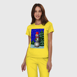 Пижама хлопковая женская Снеговичок с подарком под елкой, цвет: желтый — фото 2