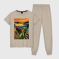 Пижама хлопковая женская Богомол кричит на картине Эдварда Мунка - мем иску, цвет: миндальный