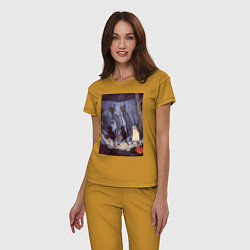 Пижама хлопковая женская Коты на хэллоуин, цвет: горчичный — фото 2