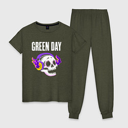 Пижама хлопковая женская Green Day - неоновый череп, цвет: меланж-хаки