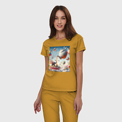 Пижама хлопковая женская Чаепитие крылатого слона - психоделика, цвет: горчичный — фото 2