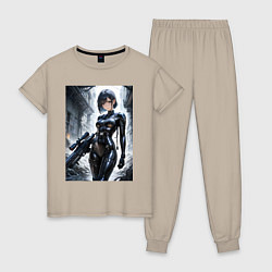 Пижама хлопковая женская Девушка в кожаном костюме со снайперской винтовкой, цвет: миндальный