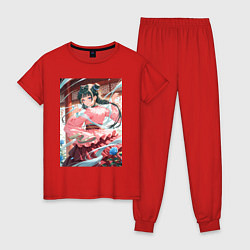 Пижама хлопковая женская Мао Мао танцует с лентами в окружении синих роз, цвет: красный