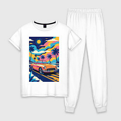 Пижама хлопковая женская Кабриолет едет по тропическому острову, цвет: белый