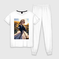 Пижама хлопковая женская Вайолет Эвергарден на поле пшеницы, цвет: белый