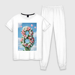 Пижама хлопковая женская Тюльпаны к 8 марта, цвет: белый
