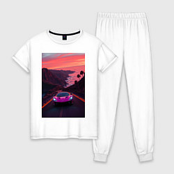 Пижама хлопковая женская Суперкар едет по дороге около океана, цвет: белый