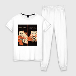 Пижама хлопковая женская Work hard rest hard cat, цвет: белый