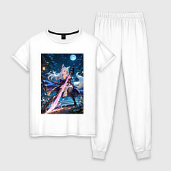 Пижама хлопковая женская Лисица с катаной на фоне Луны, цвет: белый