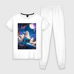 Пижама хлопковая женская Лисица в кимоно любуется цветением глицинии, цвет: белый