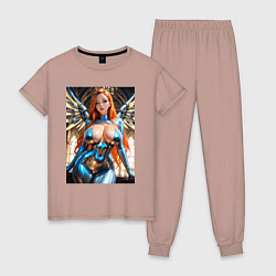 Пижама хлопковая женская Девушка-ангел с механическими крыльями, цвет: пыльно-розовый