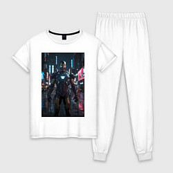 Пижама хлопковая женская Железный человек посреди ночного города, цвет: белый