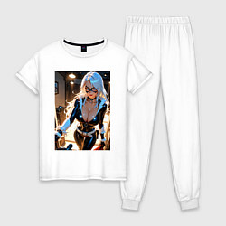 Пижама хлопковая женская Черная кошка в комнате, цвет: белый