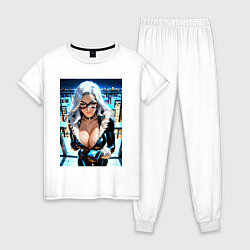 Пижама хлопковая женская Черная кошка с брилиантом на крыше здания, цвет: белый