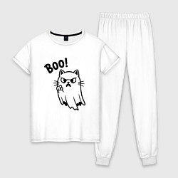 Пижама хлопковая женская Сердитый котик призрак, цвет: белый