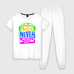 Пижама хлопковая женская Music never sleeps, цвет: белый