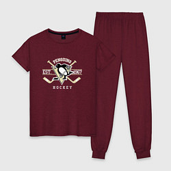 Пижама хлопковая женская Pittsburgh Penguins: Est.1967, цвет: меланж-бордовый