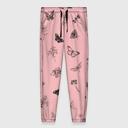 Женские брюки Цветочки и бабочки на розовом фоне