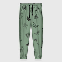 Женские брюки Цветочки и бабочки на зеленом фоне