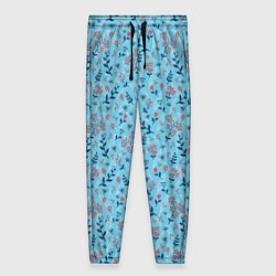 Женские брюки Листья и ягоды на голубом, паттерн