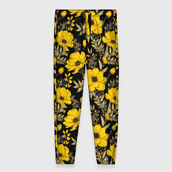 Женские брюки Желтые цветы на черном фоне паттерн
