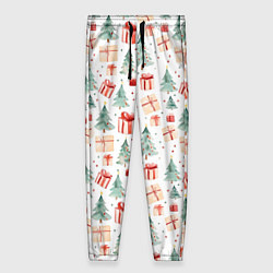 Брюки женские Акварельные елочки и подарки, цвет: 3D-принт