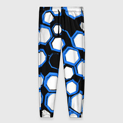 Брюки женские Бело-синие шестиугольники на чёрном фоне, цвет: 3D-принт
