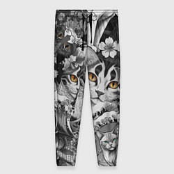 Брюки женские С котами и рыбой на фоне сакуры в волнах, цвет: 3D-принт
