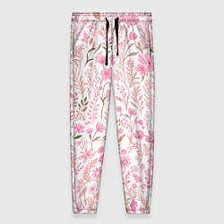 Брюки женские Белый в розовый цветочный паттерн, цвет: 3D-принт