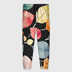 Брюки женские Разноцветные акварельные листья на чёрном, AI, цвет: 3D-принт