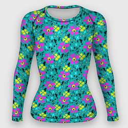 Рашгард женский Яркий цветочный узор на бирюзовом фоне, цвет: 3D-принт