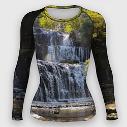 Рашгард женский Водопад, солнечные лучи и лес, цвет: 3D-принт