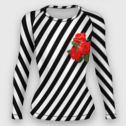 Рашгард женский Черно-белые полоски с букетом роз, цвет: 3D-принт