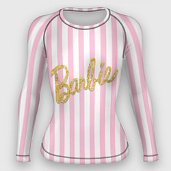 Рашгард женский Barbie - золотая надпись и бело-розовые полосы, цвет: 3D-принт