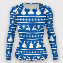 Рашгард женский Синий свитер с новогодними оленями, цвет: 3D-принт