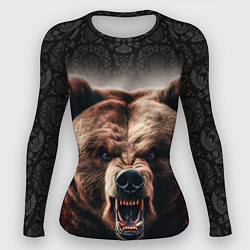 Рашгард женский Агрессивный медведь на фоне флага России, цвет: 3D-принт