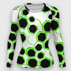 Рашгард женский Чёрно-зелёные шестиугольники на белом фоне, цвет: 3D-принт