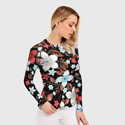 Рашгард женский Красно-белые цветы на чёрном фоне, цвет: 3D-принт — фото 2
