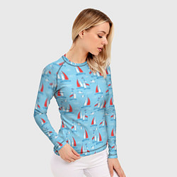 Рашгард женский Морской паттерн с парусными лодками и чайками, цвет: 3D-принт — фото 2